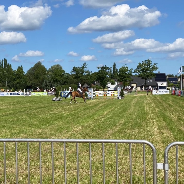 Paard en ruiter nemen deel aan een jumpingwedstrijd tijdens het pony- en paardentornooi gesponsord door Castelein Outdoor.