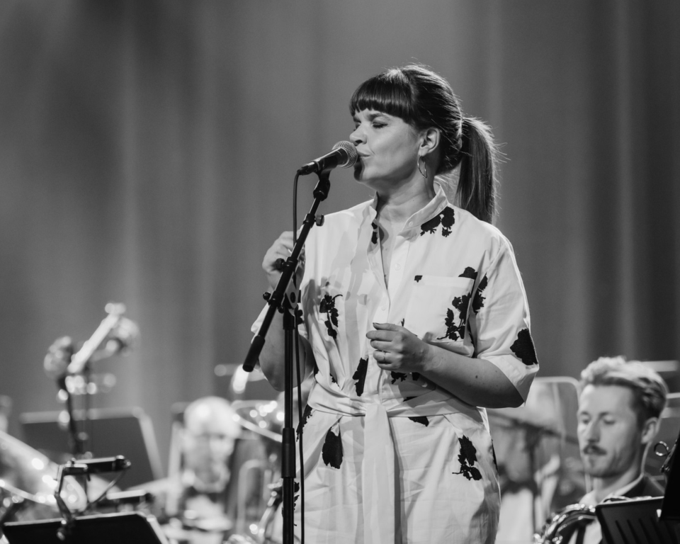lady linn aan het zingen op het benefietconcert