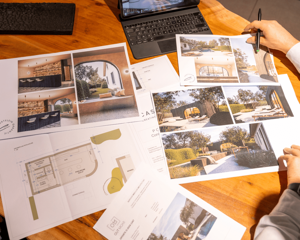 Plannen en renders van een tuin met houten bijgebouw